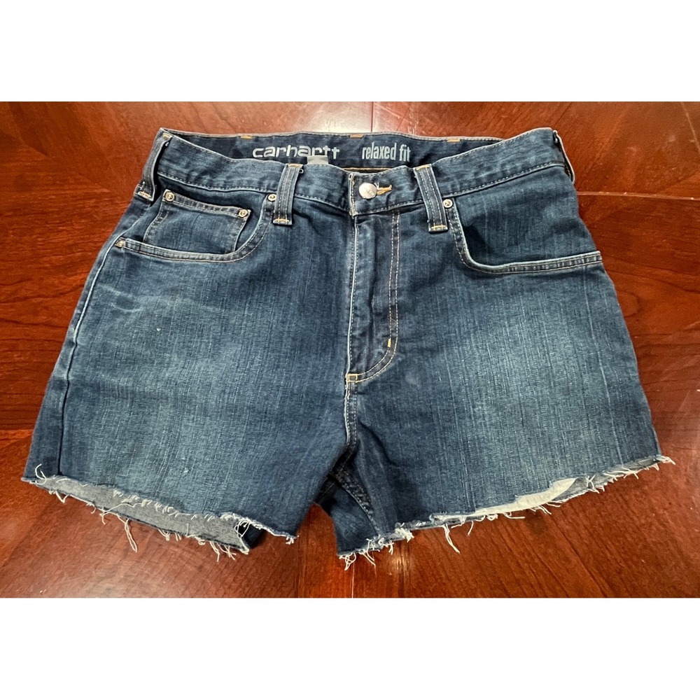 Carhartt Relaxed Fit Denim Cut Off Shorts Medium Wash Frayed Hem Womens 32 EUC